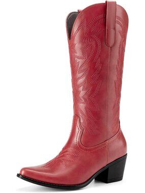 Women's Red Fashion Low Chunky Heel Snip Toe Embroidery Western Mid Calf Boots